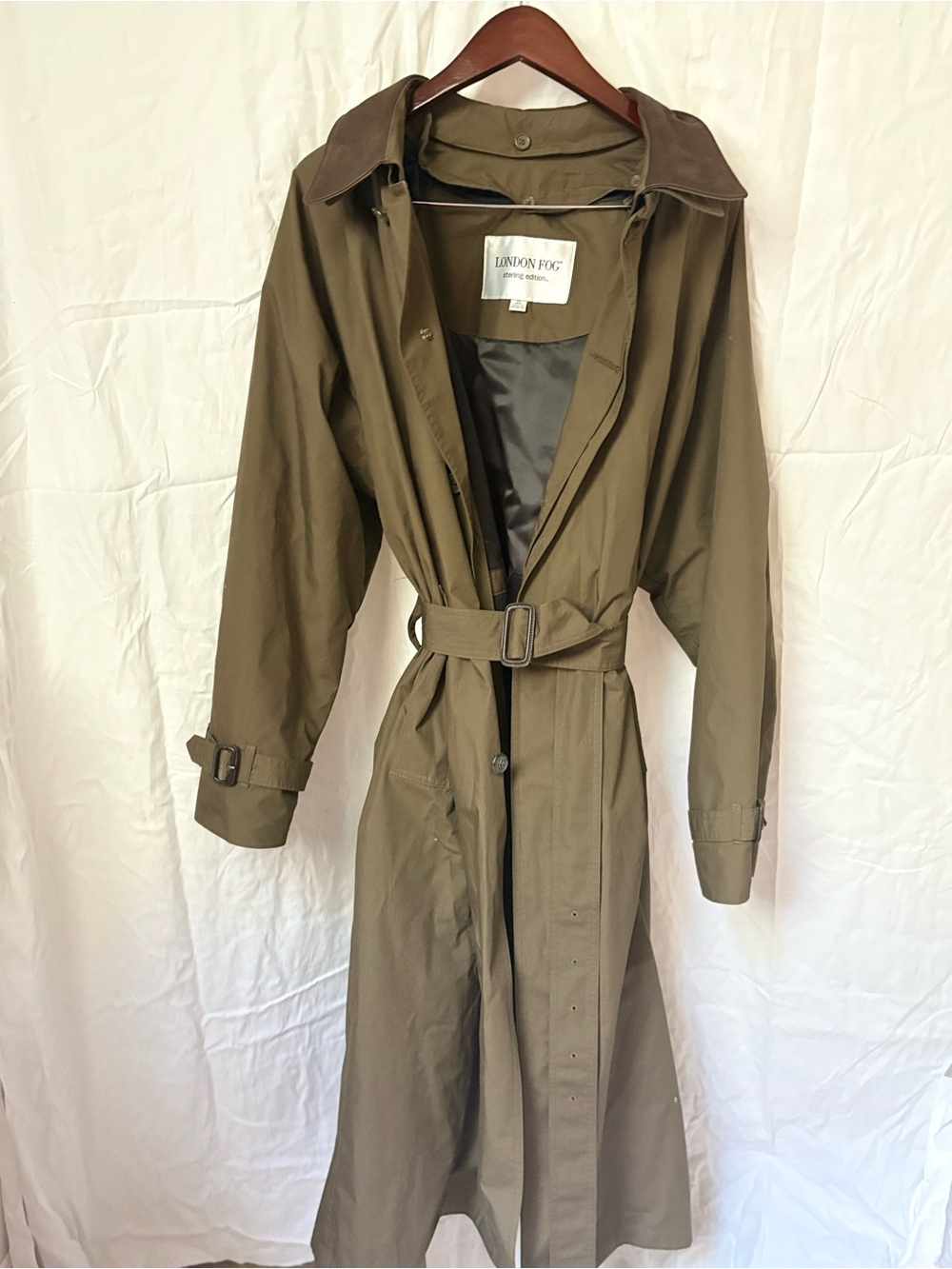 London Fog Olive Green Trench Coat with Dark Contrast Collar